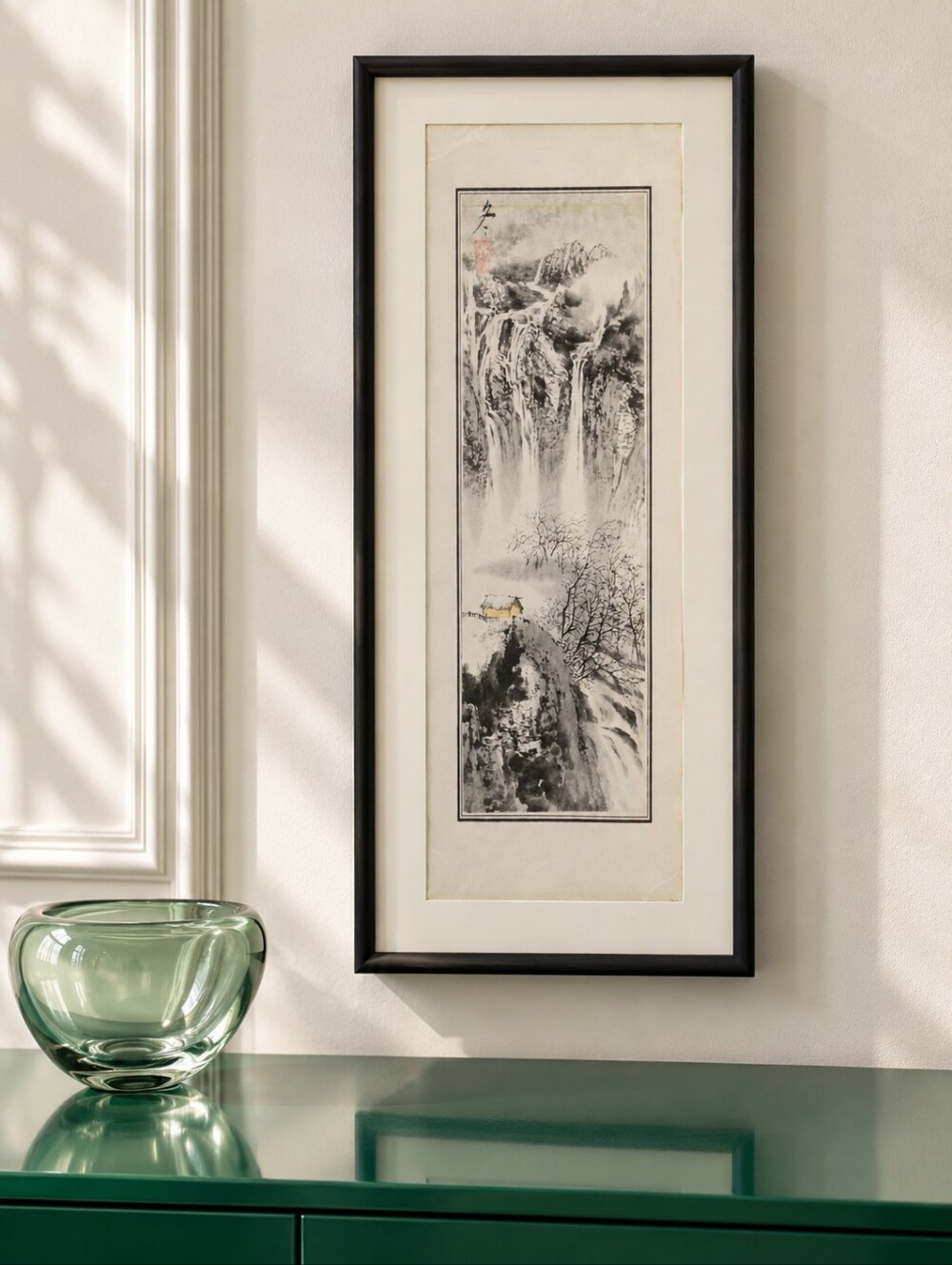 Vintage Chinese-Style Ink Landscape Print Waterfall Winter Scene 6x14